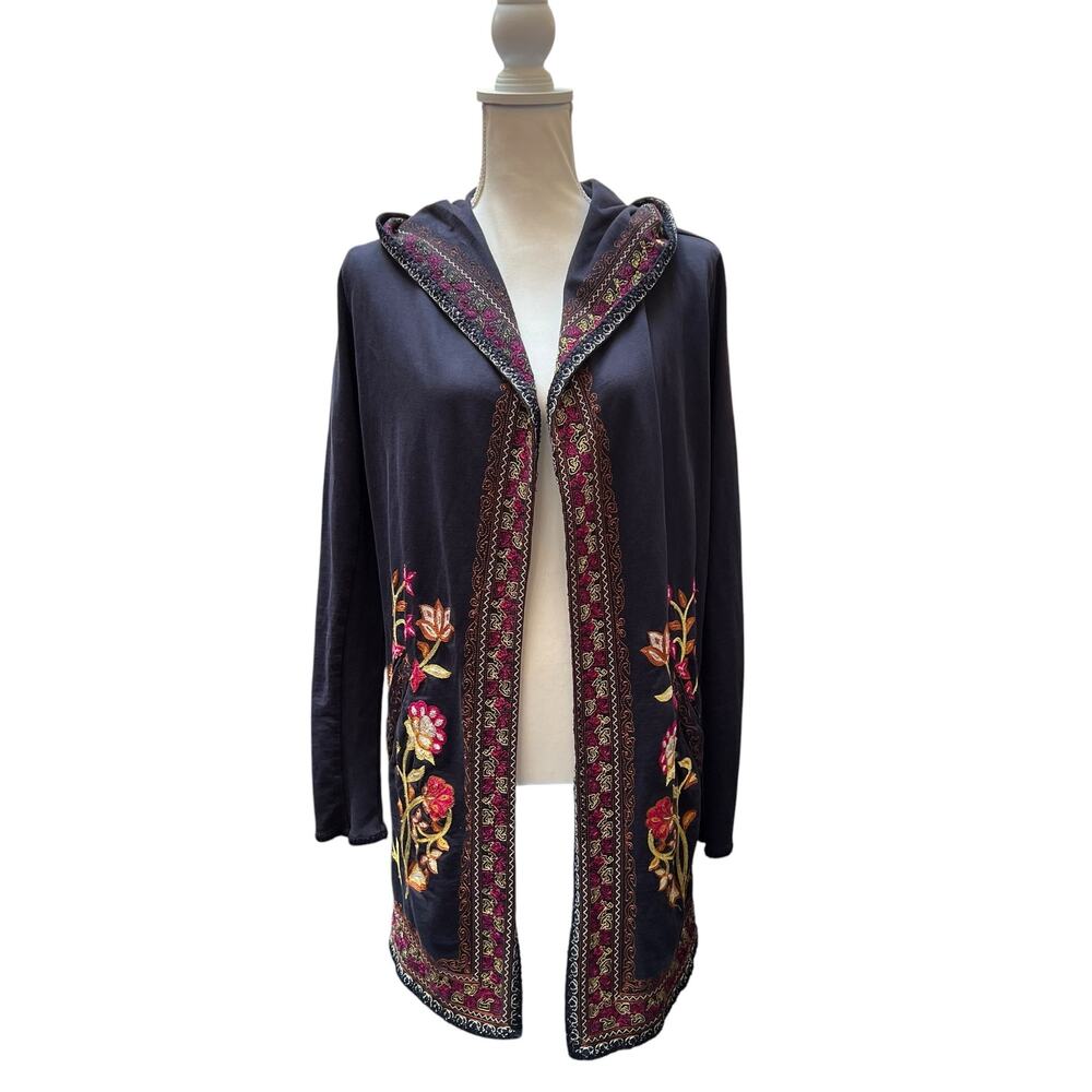 Lucky Brand Lucky Lotus Embroidered Hooded Cardigan Sweater Small Boho